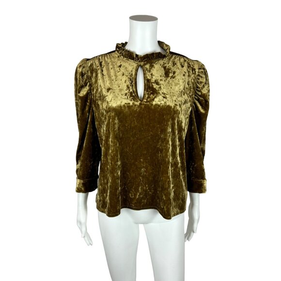 Who What Wear Top Women's Medium Crushed Velvet Mustard Yellow Puff Sleeves Keyh - Picture 1 of 9